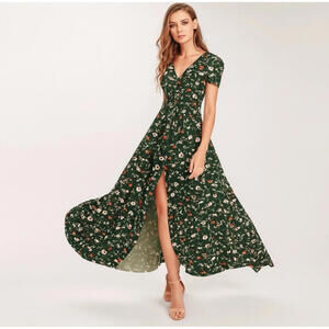 Milumia Green Floral Button Up Maxi Dress XS Flowy Split Boho Fall Spring